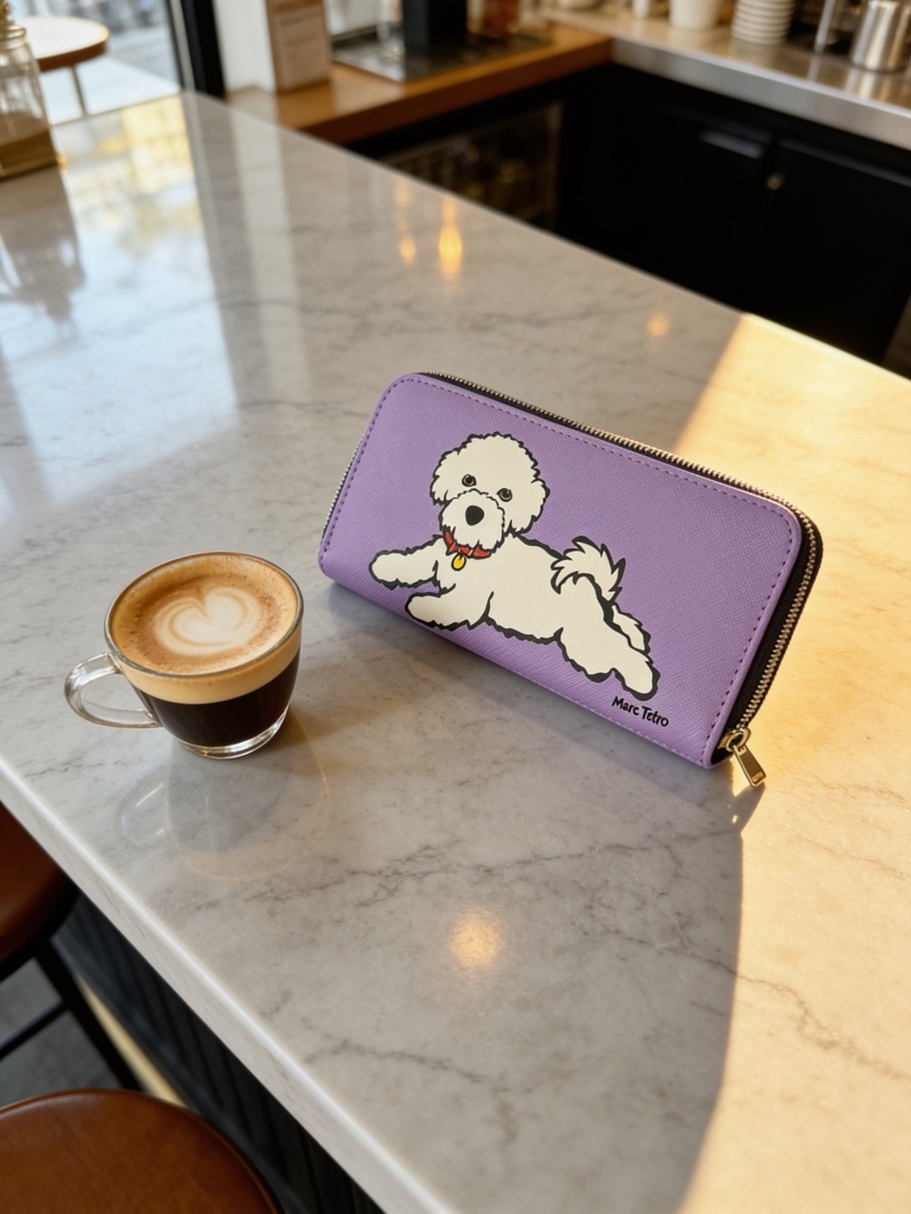Marc Tetro Purple Zip-Around Wallet with Playful Dog Motif No Cruelty